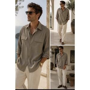 Tulliano 100% Silk Taupe Button Front Shirt Menswear 3XL Luxury Pocket NWT